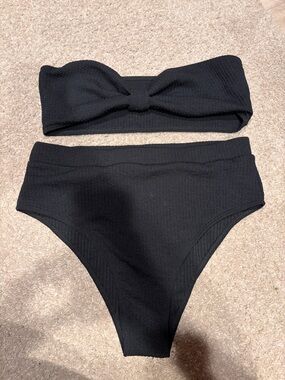 Black Textured High-Waist Bikini Set - Bandeau Top